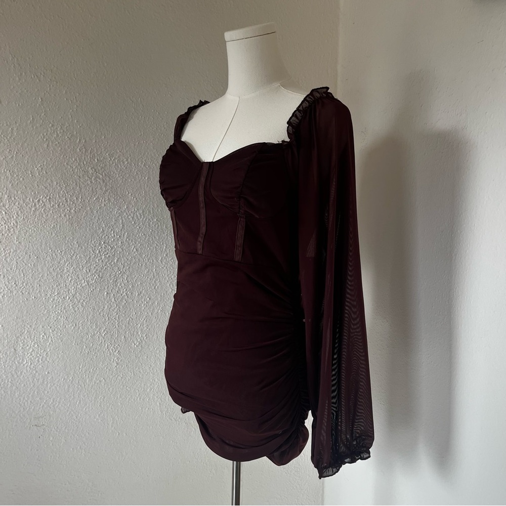 Almost Famous Brown Mesh-Sleeve Ruched Bodycon Dress NWT - Picture 6 of 6